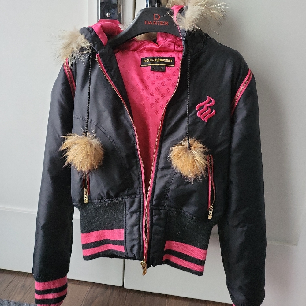 Rocawear Black and Pink Hooded Puffer Jacket